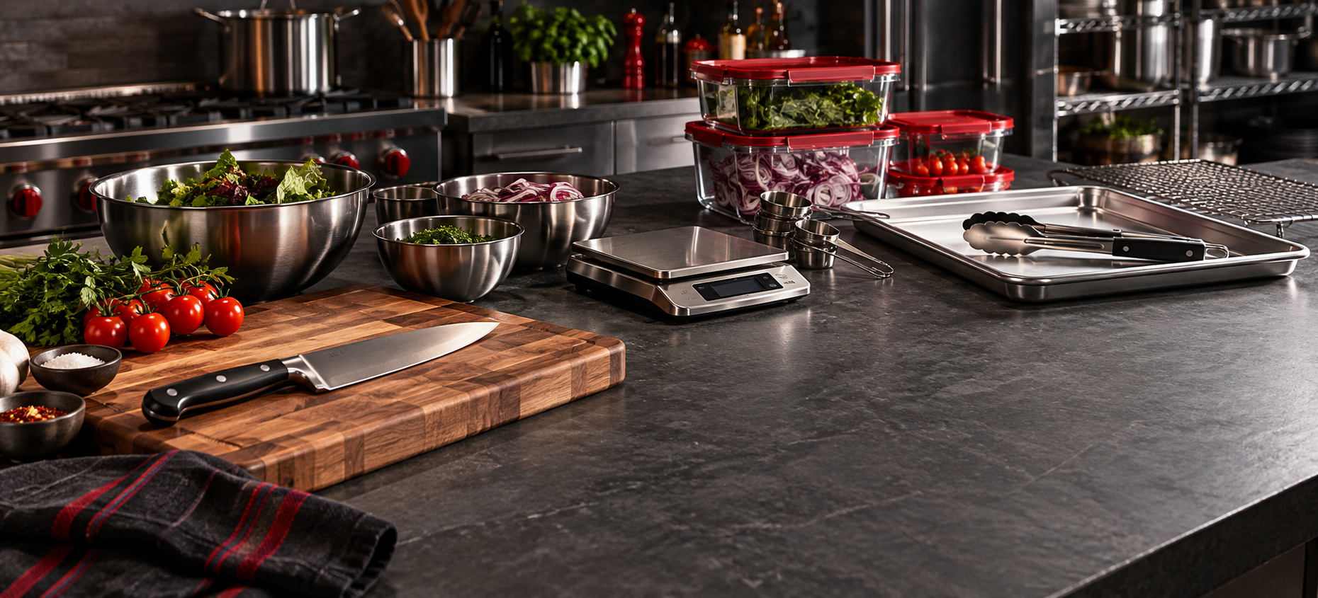 Professional kitchen prep station with knife, boards, scale, bowls, pans, tongs, and containers
